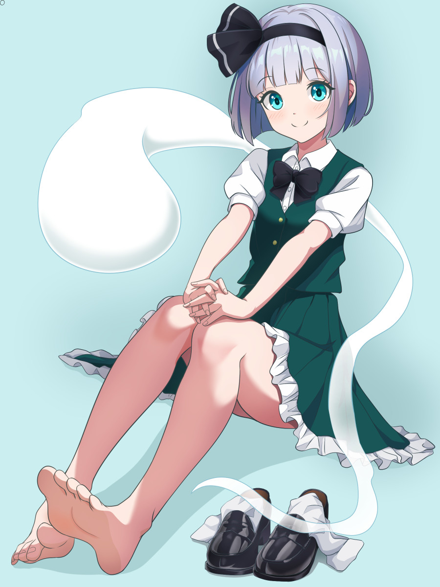 1girl bare_legs barefoot black_bow black_bowtie black_footwear black_hairband black_ribbon blue_background blue_eyes bob_cut bow bowtie closed_mouth collared_shirt commentary_request frilled_skirt frills full_body green_skirt green_vest grey_hair hairband hand_on_own_knee happy highres interlocked_fingers kisaragi_koushi konpaku_youmu konpaku_youmu_(ghost) loafers looking_at_viewer puffy_short_sleeves puffy_sleeves ribbon shirt shoes short_hair short_sleeves sitting skirt smile socks soles solo toes touhou unworn_shoes unworn_socks vest white_shirt white_socks