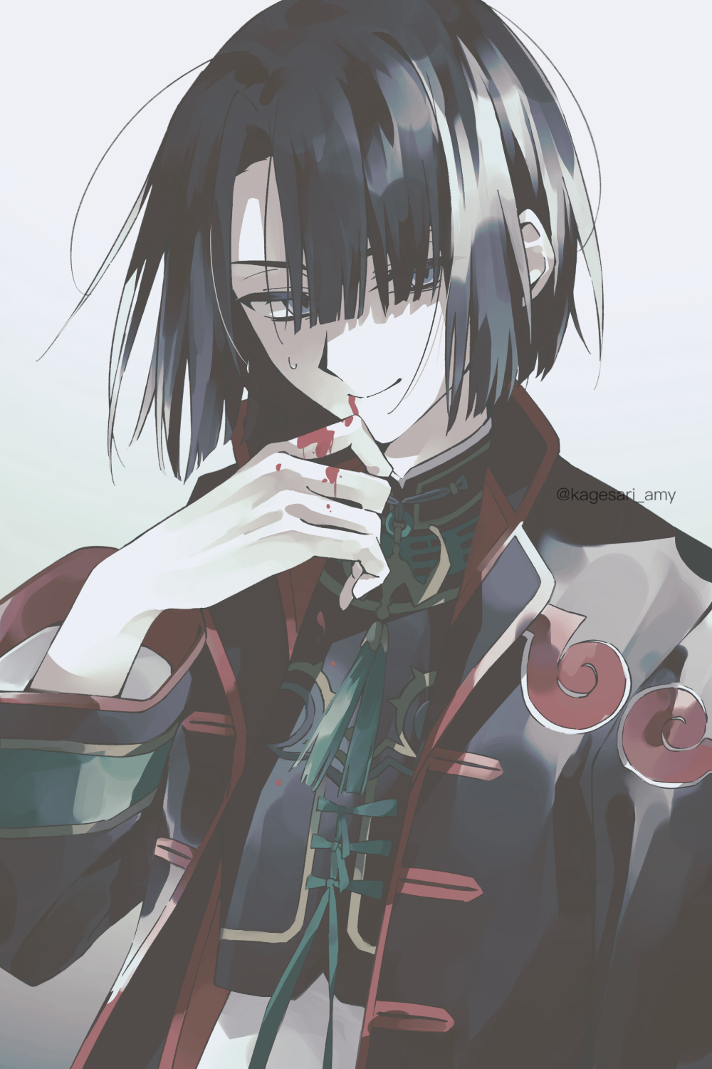 1boy black_coat black_hair blood blood_on_hands blood_on_mouth changpao chinese_clothes closed_mouth coat curtained_hair fate/grand_order fate_(series) hair_over_one_eye high_collar highres long_sleeves looking_at_viewer male_focus purple_eyes red_trim shirt short_hair simple_background solo sweatdrop tai_gong_wang_(fate) twitter_username