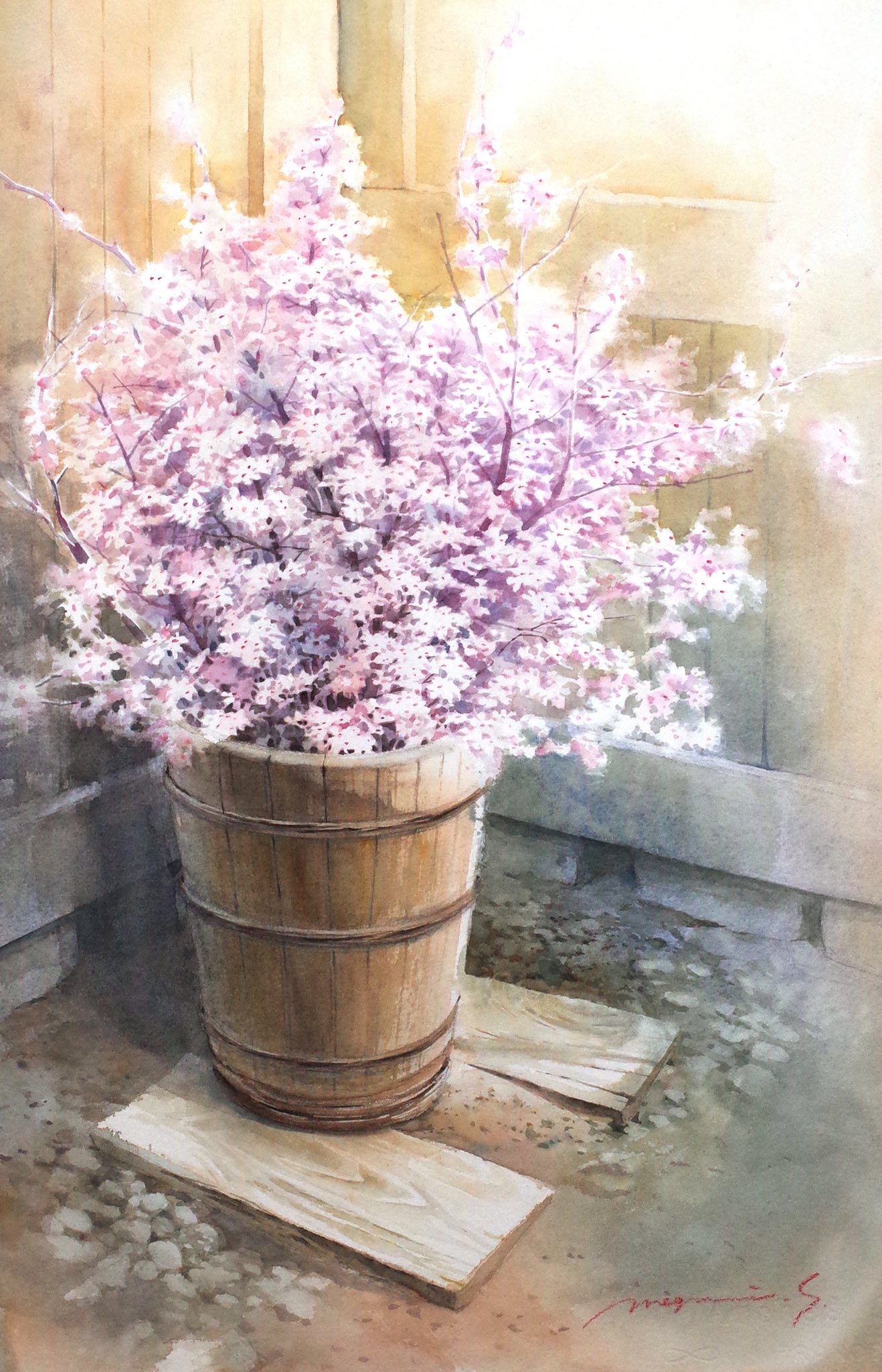 bucket cherry_blossoms day highres no_humans original painting_(medium) plant potted_plant sapling shadow shimizu_megumi_(m_acquerello) still_life sunlight traditional_media watercolor_(medium) wooden_bucket wooden_wall