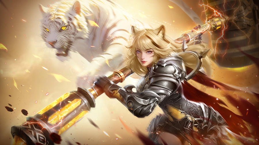 1girl animal_ears armor blonde_hair cat_ears character_request copyright_request electricity hammer holding holding_hammer holding_weapon long_hair pink_eyes promotional_art tiger weapon white_tiger yellow_eyes