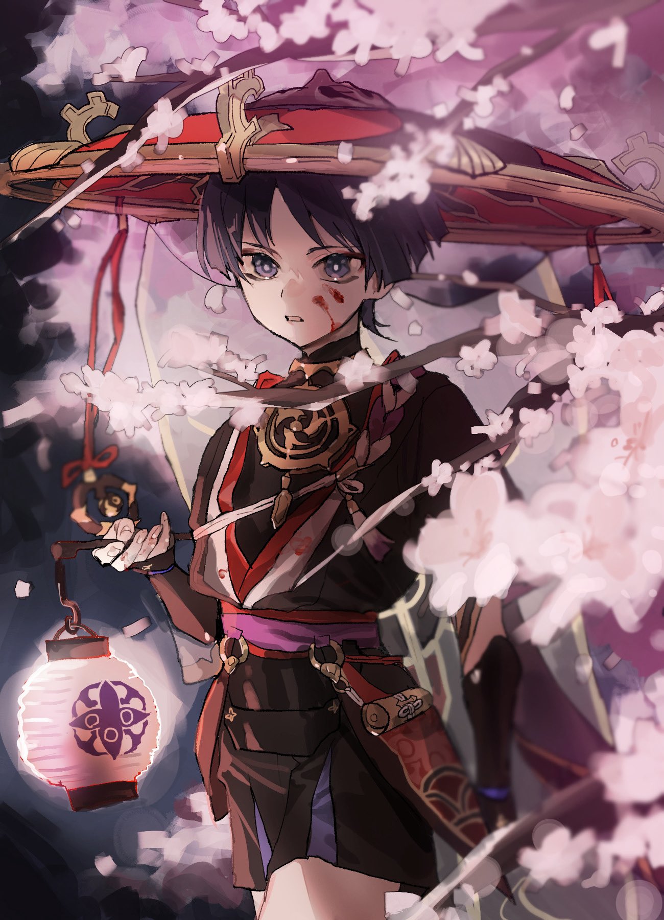 1boy armor black_hair blood blood_on_face blue_eyes blunt_ends cherry_blossoms cowboy_shot flower genshin_impact hat highres holding holding_lantern japanese_armor japanese_clothes jewelry jingasa kote lantern male_focus necklace paper_lantern parted_bangs parted_lips pink_flower pink_petals purple_sash red_hat sash scaramouche_(genshin_impact) short_hair solo talesofmea tassel
