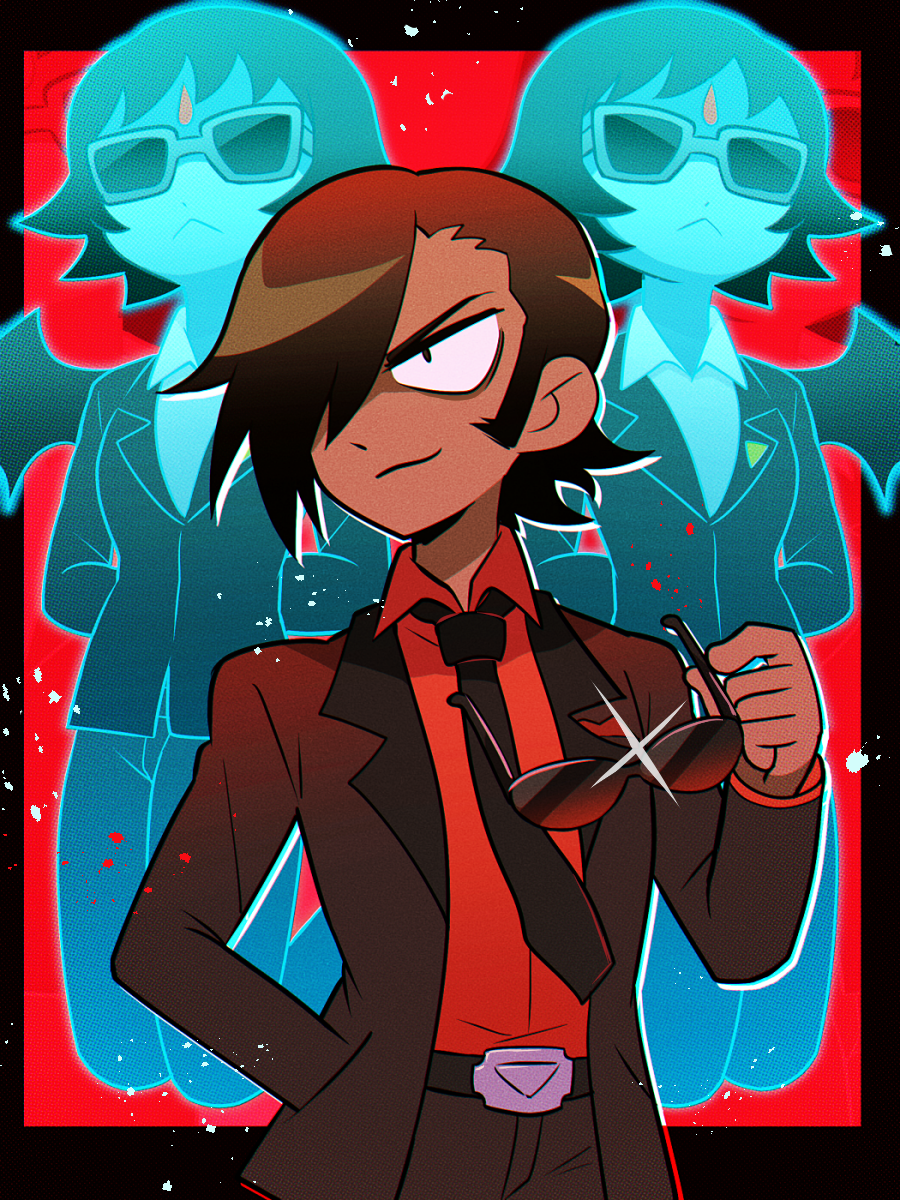 1boy 2girls :&lt; belt_buckle black_hair black_necktie breasts buckle dark-skinned_male dark_skin demon_hipster_chicks facial_mark forehead_mark frown g_tsurius glint hair_over_one_eye hand_in_pocket highres holding holding_removed_eyewear matthew_patel multiple_girls necktie scott_pilgrim_(series) scott_pilgrim_takes_off short_hair small_breasts smile suit sunglasses unworn_eyewear