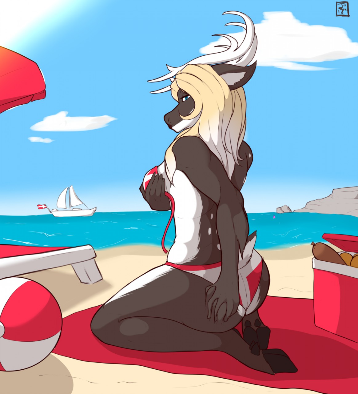 2018 anthro antlers apoetofthefall beach bikini blonde_hair boat breasts brown_body brown_fur butt clothing cloud danish_flag day deer digital_media_(artwork) female flag_bikini food fur hair hand_on_breast hand_on_butt hi_res horn looking_at_veiwer looking_at_viewer mammal meat new_world_deer outside reindeer sand sausage solo swimwear towel vehicle water watercraft