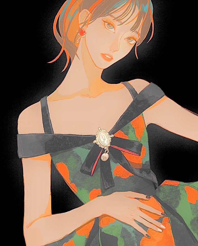 1girl bare_arms bare_shoulders black_background black_bow black_bowtie black_nails black_sleeves blue_eyes bow bowtie brooch brown_hair camouflage_dress collarbone cowboy_shot dress earrings eyelashes eyeshadow green_dress hand_on_own_stomach izone jewelry lipstick looking_at_viewer makeup miyawaki_sakura multicolored_nails nail_polish orange_eyeshadow oxi206 parted_lips pleated_skirt red_lips short_hair short_sleeves simple_background skirt sleeveless sleeveless_dress solo teeth thick_eyebrows white_gemstone white_nails