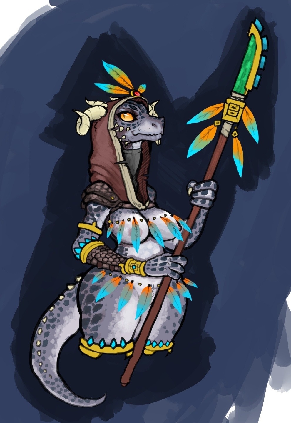anthro areola_slip argonian female horn looking_at_viewer melee_weapon nipple_slip polearm reccand scalie simple_background spear sweat the_elder_scrolls tribal tribal_clothing video_games weapon wide_hips