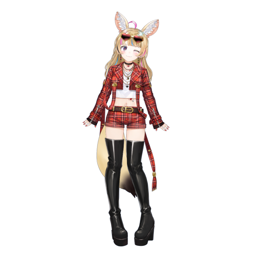 1girl ahoge animal_ear_fluff animal_ears animated arms_at_sides belt black_choker black_footwear blonde_hair blue_hair boots brown_belt choker closed_mouth earrings eyewear_on_head fox_ears fox_girl fox_tail full_body heart heart-shaped_eyewear hololive jacket jewelry kou_mashiro live2d long_hair looking_at_viewer midriff multicolored_hair multiple_necklaces nail_polish navel official_alternate_costume official_alternate_hairstyle official_art omaru_polka one_eye_closed pink_hair plaid plaid_jacket plaid_shorts purple_eyes red_footwear red_nails short_shorts shorts simple_background sleeves_past_wrists smile solo star-shaped_pupils star_(symbol) streaked_hair sunglasses symbol-shaped_pupils tachi-e tail thigh_boots transparent_background virtual_youtuber