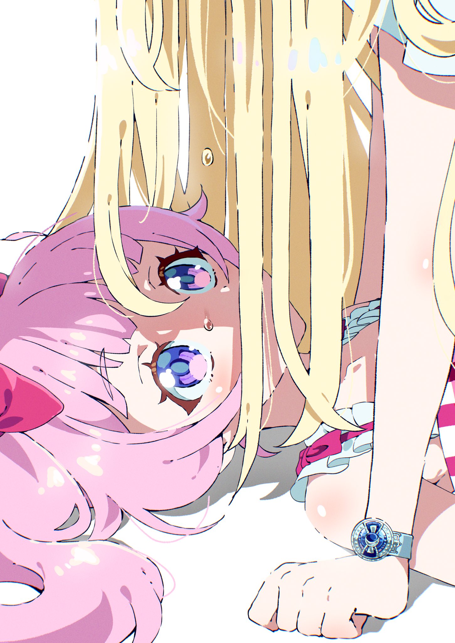 2girls aozora_himari arm_support blonde_hair blunt_bangs bracelet commentary_request crying head_out_of_frame highres himitsu_no_aipri hoshikawa_mitsuki jewelry long_hair looking_at_another looking_up lying multiple_girls on_back pink_hair pretty_series purple_eyes simple_background tears tsujii_luki upper_body white_background yukadon