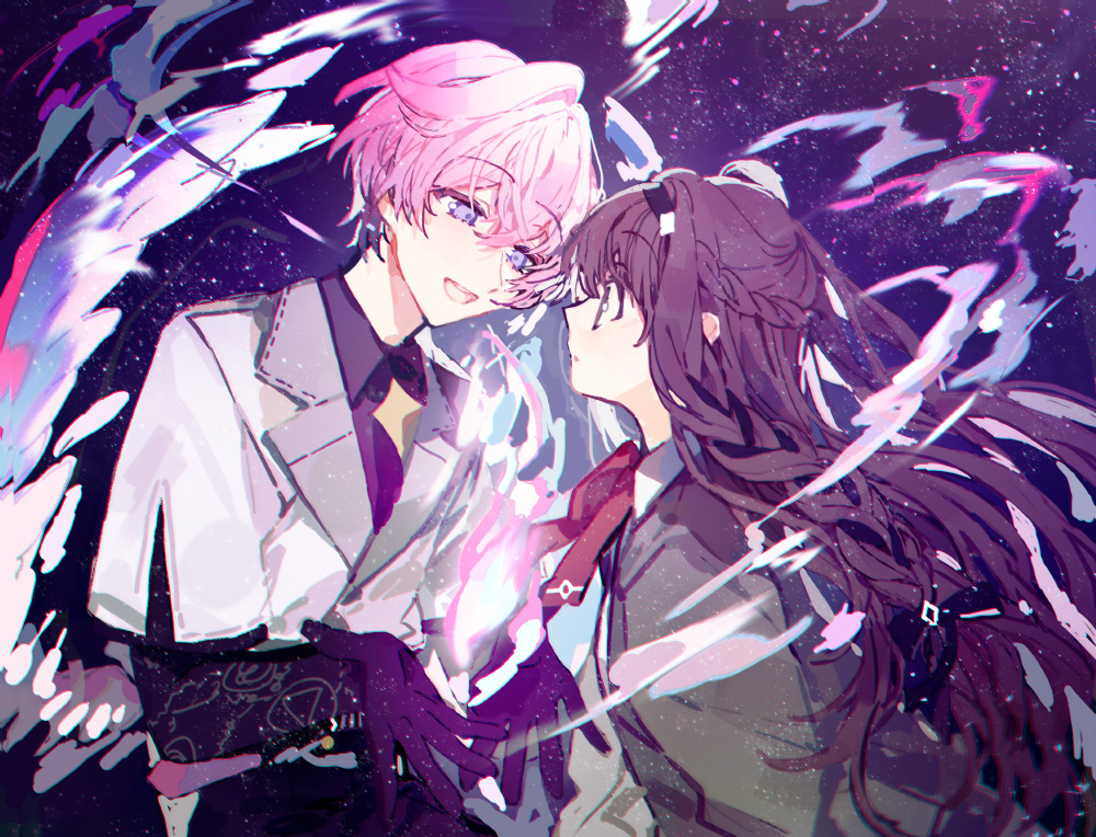 1boy 1girl bow bowtie braid brown_eyes brown_hair collared_shirt colored_skin eye_contact female_commander_(forever_7th_capital) finnick_(forever_7th_capital) fire forever_7th_capital jacket long_hair long_sleeves looking_at_another open_mouth pink_hair purple_eyes purple_shirt purple_skin red_bow red_bowtie sapphire_(nine) shirt sidelocks smile space very_long_hair white_jacket white_shirt