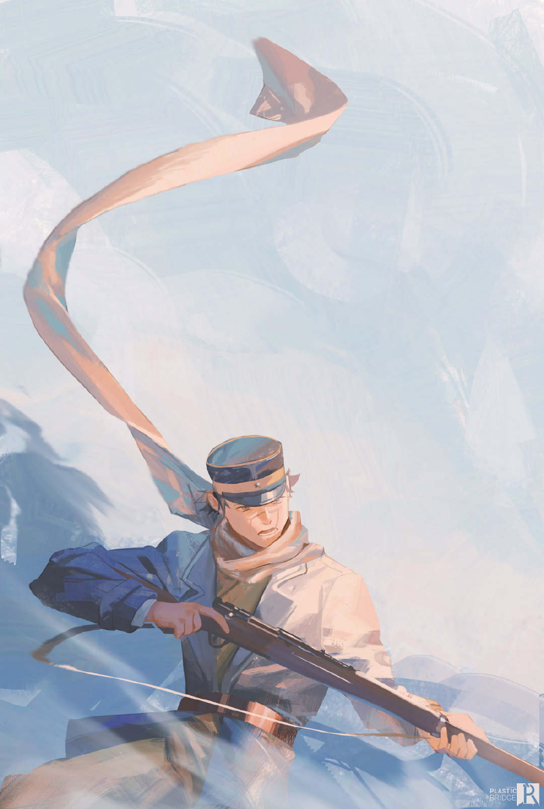1boy aiming arisaka asirpa black_hair bolt_action fighting_stance floating_scarf golden_kamuy gun hat highres imperial_japanese_army long_sleeves male_focus military_hat rifle scar scar_on_cheek scar_on_face scar_on_mouth scar_on_nose scarf short_hair simple_background snow solo_focus sugimoto_saichi two-tone_headwear weapon