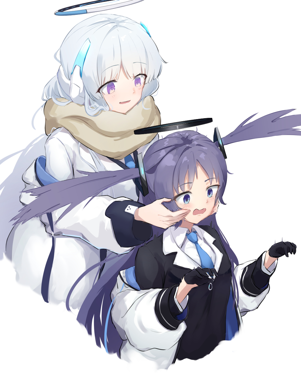 2girls black_gloves black_vest blue_archive blue_eyes blue_hair blue_necktie blush brown_scarf commentary_request cropped_torso gloves grey_hair half_gloves halo hands_on_another's_cheeks hands_on_another's_face highres jacket long_hair looking_at_another mechanical_halo morishin546 multiple_girls necktie noa_(blue_archive) off_shoulder open_mouth purple_eyes scarf shirt simple_background smile two_side_up vest white_background white_jacket white_shirt yuuka_(blue_archive)