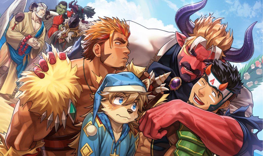 6+boys animal_ears another_eidos-r arcana_(another_eidos) arm_around_shoulder atmos_(another_eidos) bara baran_(another_eidos) beard black_bow black_bowtie black_hair black_shirt blonde_hair blue_eyes bow bowtie brown_hair cape colored_skin curled_horns demon_horns dragon_boy dragon_horns dutch_angle facial_hair facial_mark fake_horns full_beard fur-trimmed_cape fur_trim furry furry_male goatee green_skin hat horned_headwear horns jacket long_hair looking_at_another lucifer_(another_eidos) male_focus maxtla_(another_eidos) multicolored_hair multiple_boys muscular muscular_male mustache mustache_stubble nightcap no_shirt one_eye_closed orc ornis_(another_eidos) red_skin robe shirt short_hair sideburns spiked_pauldrons stubble sweatdrop tassel torn_clothes tribal tusks two-tone_hair wasp_(anthyutena) wavy_mouth white_hair white_jacket white_wings wings yuno_(another_eidos)