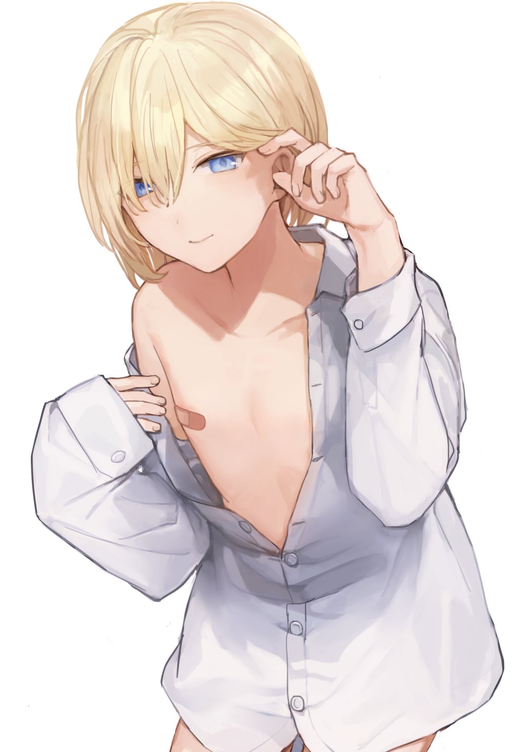 1boy bandaid bandaids_on_nipples blonde_hair blue_eyes closed_mouth collarbone commentary_request cowboy_shot dress_shirt hair_between_eyes highres long_sleeves looking_at_viewer medium_hair original otoko_no_ko pasties shirt simple_background solo sunaba_(nczd5875) unbuttoned unbuttoned_shirt white_background white_shirt