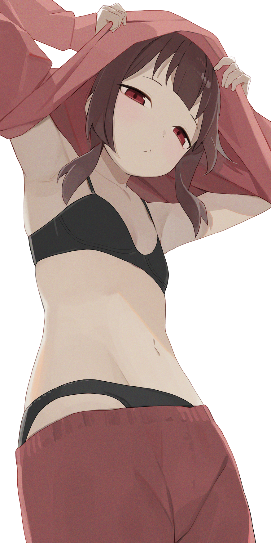 1girl armpits black_bra black_panties bra breasts brown_hair closed_mouth clothes_lift collarbone commentary highres hiroki_(yyqw7151) kono_subarashii_sekai_ni_shukufuku_wo! looking_at_viewer medium_hair megumin panties pants red_eyes red_pants red_shirt shirt shirt_lift simple_background small_breasts solo underwear undressing white_background