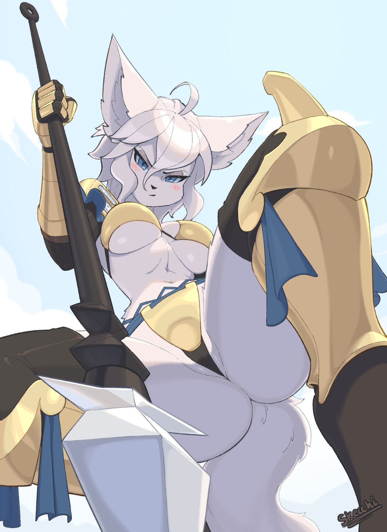 2024 ahoge anthro armor big_breasts bikini_armor blue_eyes blush breasts canid canine canis cleavage clothed clothing crouching day dinah_(unicorn_overlord) female fox fur genitals gloves hair handwear hi_res holding_melee_weapon holding_object holding_weapon inner_ear_fluff legwear looking_at_viewer low-angle_view mammal melee_weapon midriff navel polearm pouting pussy pussy_floss schynbalds simple_background skecchiart sky solo spear stockings tail thick_thighs tuft unconvincing_armor under_boob unicorn_overlord vanillaware weapon white_body white_fur white_hair worm's-eye_view