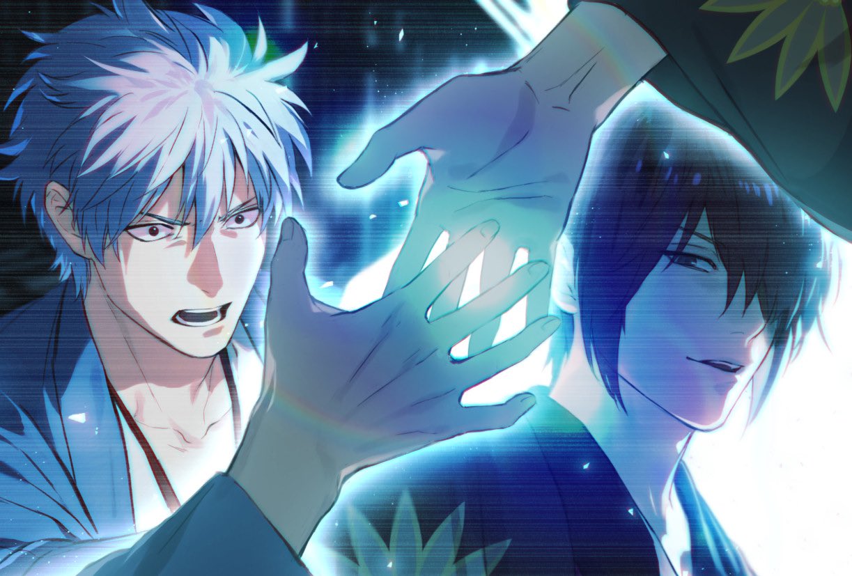 2boys black_hair cma_cmakuma gintama hair_between_eyes hair_over_one_eye japanese_clothes kimono looking_at_another male_focus multiple_boys open_mouth outstretched_hand parted_lips print_kimono sakata_gintoki takasugi_shinsuke upper_body white_hair wide-eyed wide_sleeves