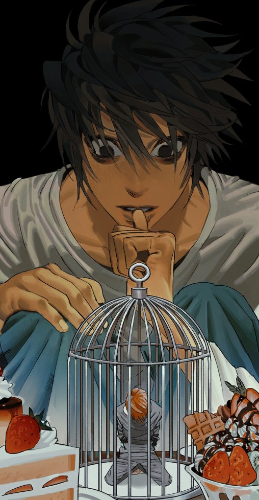 2boys arms_behind_back bags_under_eyes birdcage black_background black_eyes black_hair blue_pants brown_hair cage cake death_note denim dessert food fruit grey_pants grey_shirt hair_between_eyes hair_over_eyes head_down japtangtang2 jeans kneeling l_(death_note) looking_at_another male_focus messy_hair multiple_boys pants parted_lips shirt short_hair strawberry strawberry_shortcake thumb_to_mouth wafer white_shirt wide-eyed yagami_light
