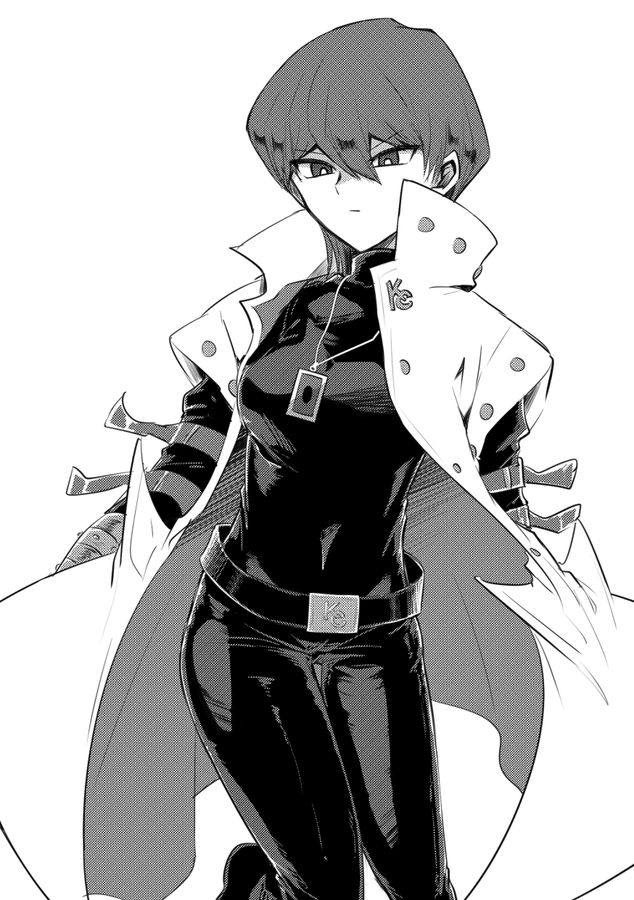 1girl arm_belt belt breasts card_pendant closed_mouth coat commentary_request genderswap genderswap_(mtf) greyscale hair_between_eyes jewelry kaiba_seto long_coat long_sleeves looking_at_viewer medium_breasts monochrome pants saito0614 shirt short_hair simple_background sleeveless sleeveless_coat solo standing thigh_gap tight_clothes turtleneck turtleneck_shirt white_background white_coat yu-gi-oh! yu-gi-oh!_duel_monsters
