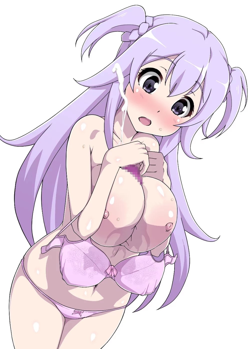 1girl bad_id bad_pixiv_id bikini blush breasts censored character_request copyright_request cowboy_shot cum ejaculation hair_bobbles hair_ornament highres large_breasts long_hair mosaic_censoring navel nipples open_mouth paizuri pink_bikini purple_eyes purple_hair rasukin simple_background solo swimsuit two_side_up white_background