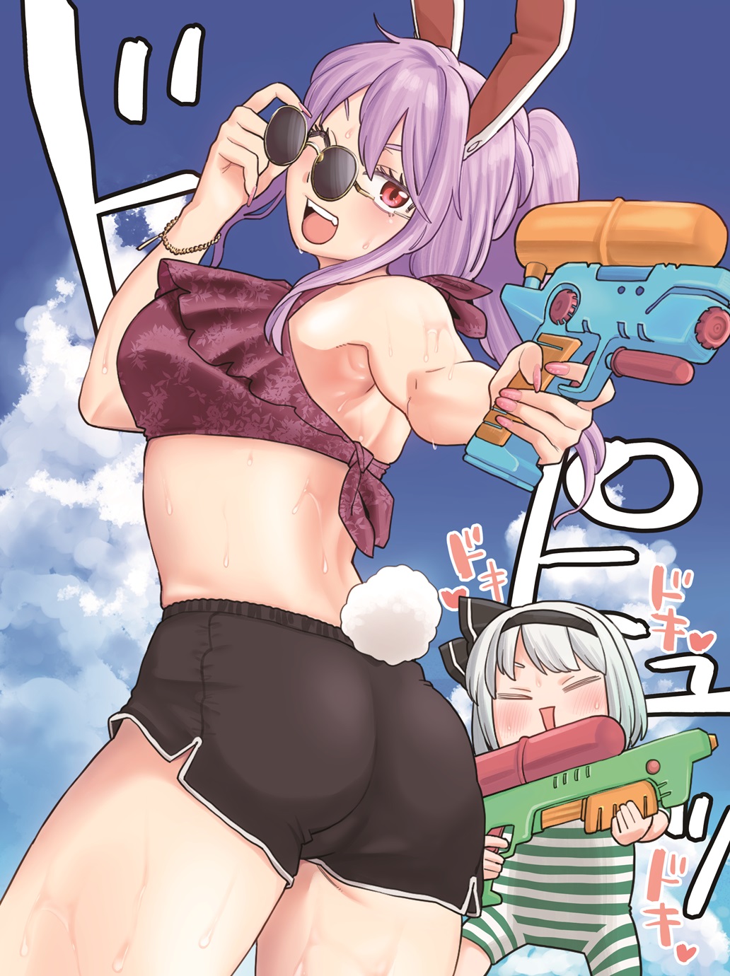 2girls :d ;d =_= animal_ears armpits ass back bare_shoulders blue_sky bracelet breasts cloud grey_hair hairband highres holding holding_water_gun jewelry konpaku_youmu koyama_shigeru long_hair looking_at_viewer multiple_girls old-fashioned_swimsuit one_eye_closed open_mouth outdoors ponytail purple_hair purple_nails rabbit_ears rabbit_tail red_eyes reisen_udongein_inaba short_hair shorts sky smile sunglasses sweat tail teeth touhou water_gun