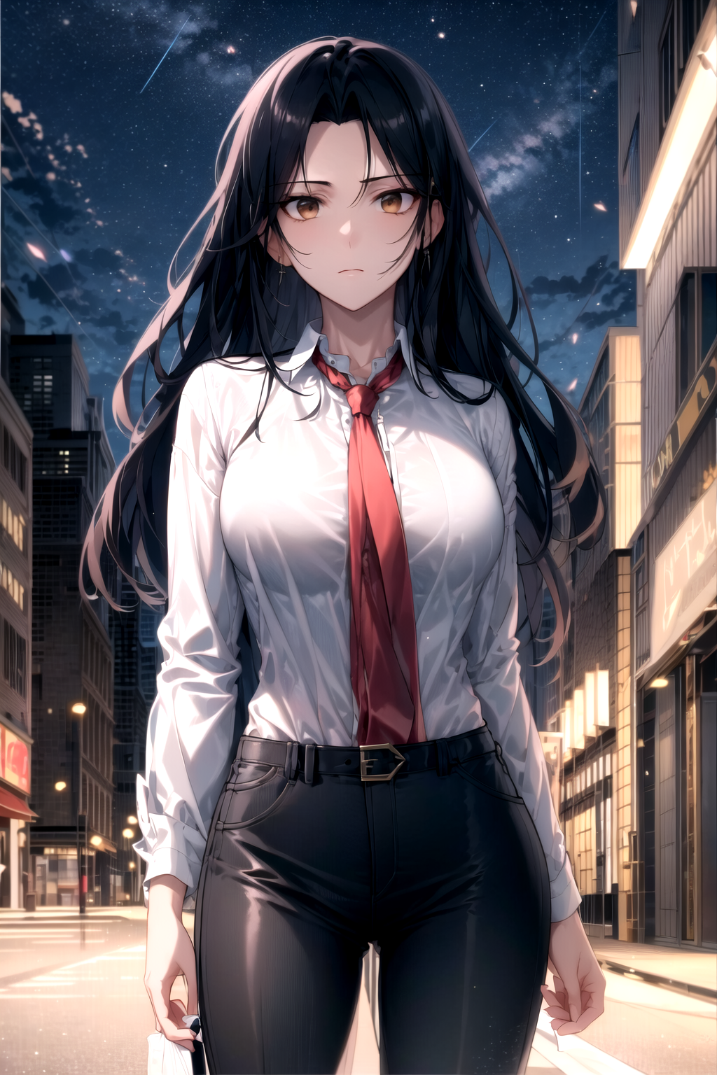 1girl ai-generated artcross black_hair black_pants brown_eyes closed_mouth cowboy_shot highres jung_heewon long_hair looking_at_viewer necktie night night_sky omniscient_reader's_viewpoint pants red_necktie shirt sky solo star_(sky) starry_sky white_shirt