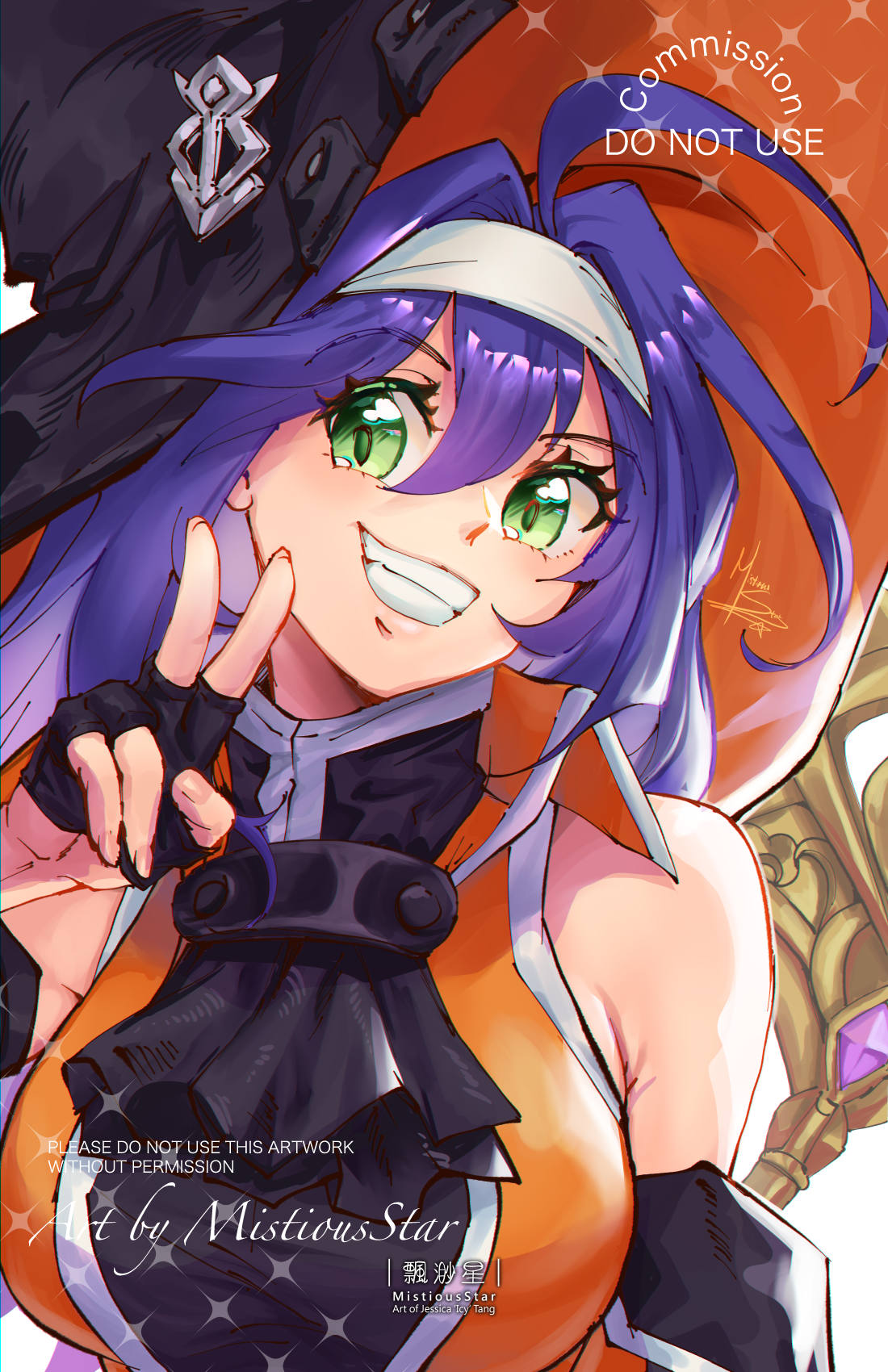 1girl bare_shoulders detached_sleeves fingerless_gloves fire_emblem fire_emblem:_path_of_radiance fire_emblem:_radiant_dawn fire_emblem_heroes gloves green_eyes halloween halloween_costume hat headband highres mia_(fire_emblem) mia_(halloween)_(fire_emblem) mistiousstar official_alternate_costume purple_hair solo vgen_commission white_headband witch witch_hat