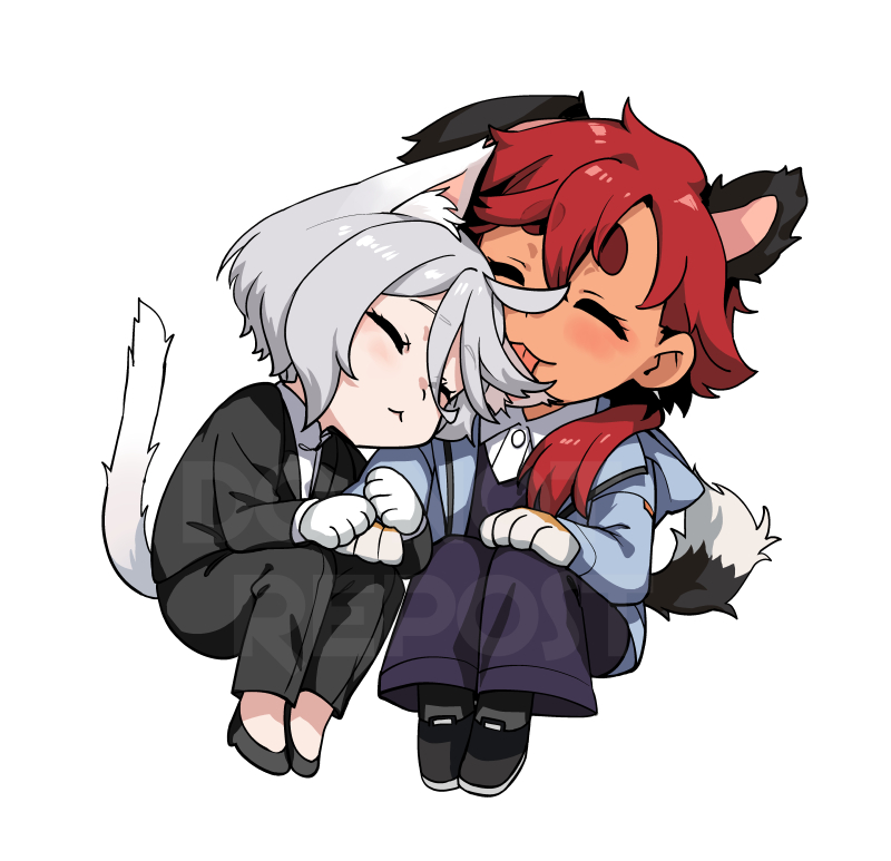 2girls animal_ears animal_hands black_footwear black_jacket black_pants blue_jacket cat_ears cat_girl cat_tail chibi closed_eyes closed_mouth collared_shirt commentary_request dog_ears dog_girl dog_tail full_body gundam gundam_suisei_no_majo head_on_another's_shoulder holding_hands jacket kemonomimi_mode licking long_sleeves miorine_rembran mitsu_(tendou_itsuki) multiple_girls pants red_hair shirt short_hair simple_background sitting suletta_mercury tail thick_eyebrows tongue tongue_out white_background white_hair white_shirt yuri