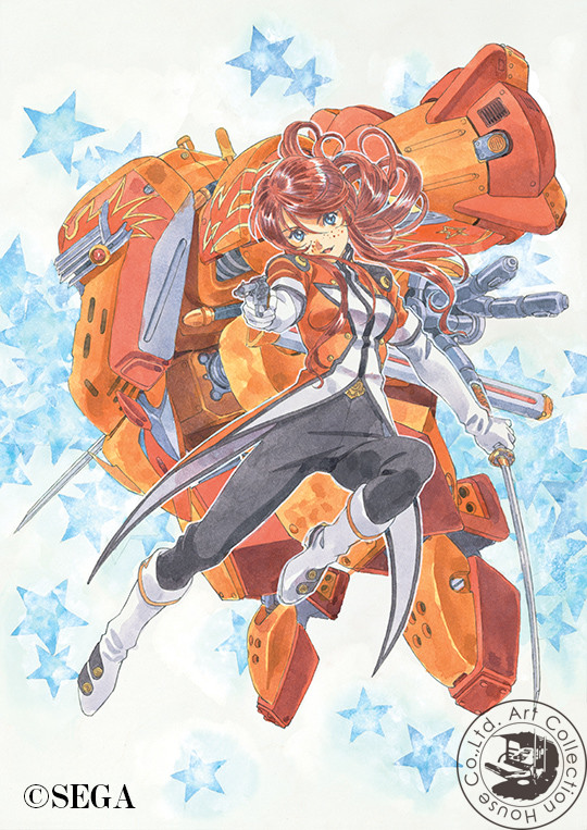 1girl animal_print belt bird_print blue_eyes boots buttons coattails collar copyright_notice double-breasted drawing_gun dual_wielding elbow_gloves english_text fenics flame_print freckles gemini_sunrise gloves gold_buttons gun hair_between_eyes head_tilt holding holding_gun holding_sword holding_weapon hole jet_engine katana koubu leg_up mandarin_collar matsubara_hidenori mecha military_uniform official_art open_mouth orange_mecha orange_sleeves orange_uniform outline red_hair revolver robot sakura_taisen sakura_taisen_v second-party_source sega short_sleeves sidelocks star_(symbol) starry_background sword traditional_media uniform v watermark wavy_hair wavy_sidelocks weapon white_collar white_footwear white_gloves white_outline