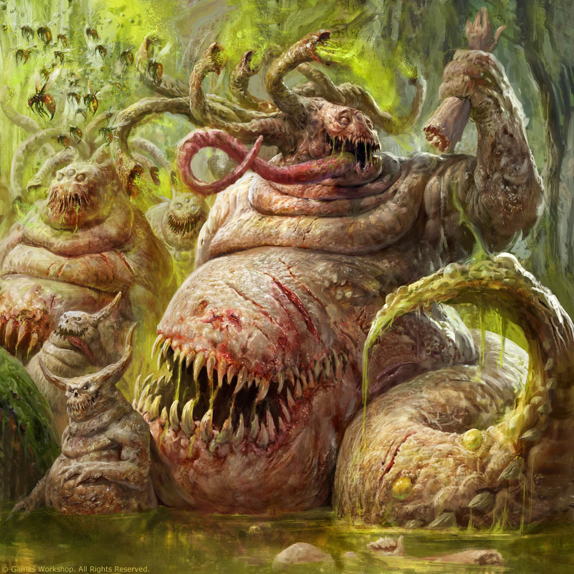 ambiguous_green_liquid beast_of_nurgle commentary disease english_commentary fumes guro holding_another's_arm horror_(theme) long_tongue manzanedo monster nurgle nurgling official_art partially_submerged sharp_teeth stomach_mouth teeth tentacle_hair tongue very_long_tongue warhammer_40k wetland
