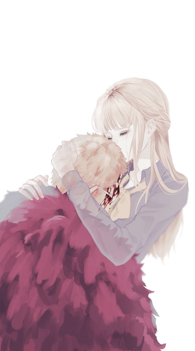 1boy 1girl affectionate bad_id bad_twitter_id blonde_hair blood blood_on_face blunt_bangs bow bowtie closed_eyes coat commentary_request donquixote's_mother_(one_piece) donquixote_doflamingo fur_coat highres hug long_hair long_sleeves mother_and_son one_piece oppaipai short_hair sidelocks simple_background solo white_background