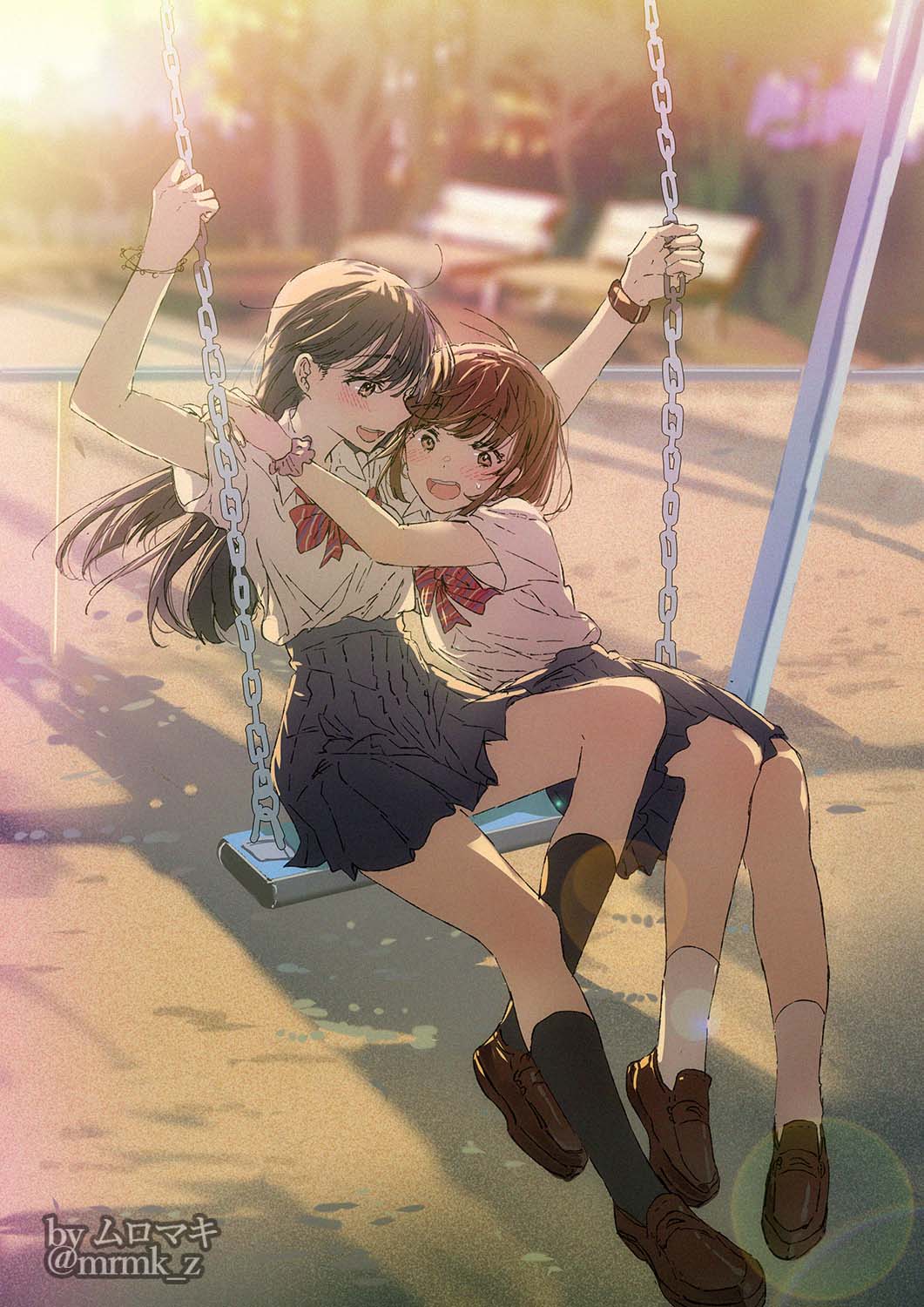 2girls :d arms_up bench black_hair black_socks blue_skirt blurry blurry_background blush bow bowtie brown_eyes brown_footwear brown_hair collared_shirt commentary_request grey_eyes hands_up highres hug loafers long_hair looking_at_another multiple_girls muromaki open_mouth original outdoors pleated_skirt red_bow red_bowtie shirt shoes short_hair short_sleeves sitting skirt smile socks sunset swing swing_set teeth tree upper_teeth_only white_shirt white_socks yuri
