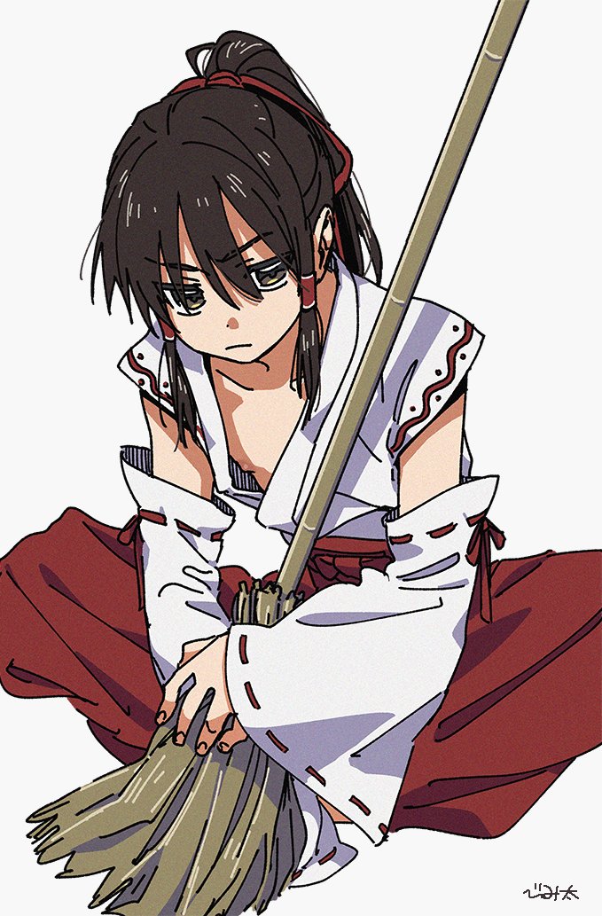 1boy androgynous blunt_bangs broom brown_hair commentary detached_sleeves ferea_bimi frown genderswap genderswap_(ftm) hair_ribbon hair_tubes hakama hakurei_reimu holding holding_broom indian_style japanese_clothes kimono open_clothes open_kimono ponytail red_hakama red_ribbon ribbon ribbon-trimmed_sleeves ribbon_trim sidelocks signature sitting sleeveless sleeveless_kimono solo touhou v-shaped_eyebrows white_background white_kimono wide_sleeves yellow_eyes