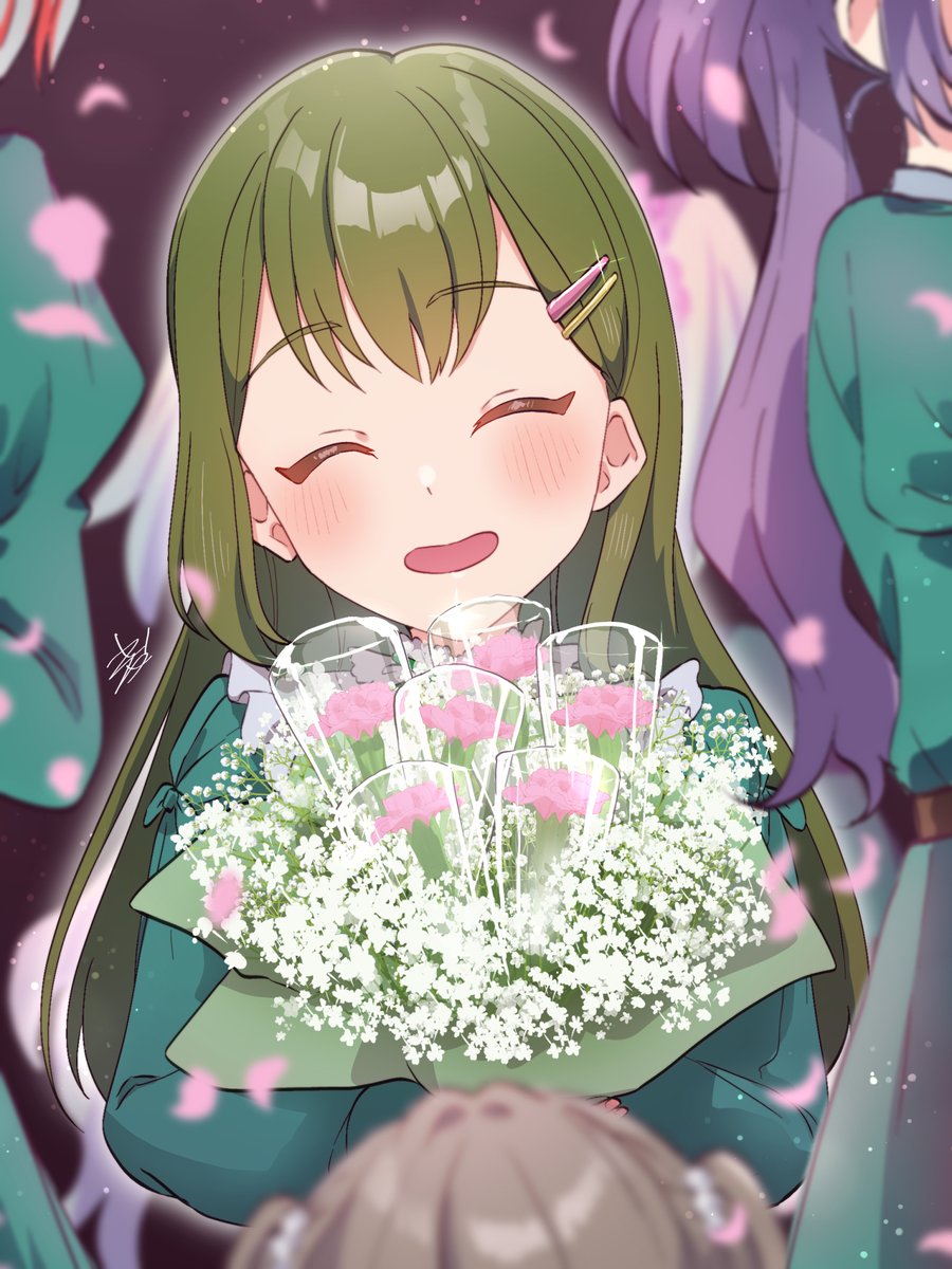 4girls ^_^ blurry blurry_background blurry_foreground blush bouquet brown_hair check_commentary closed_eyes commentary_request dakishimeru_hanabira_(love_live!) depth_of_field double-parted_bangs dress facing_viewer falling_petals flower fujishima_megumi green_dress green_hair grey_hair hair_ornament hairclip happy head_tilt highres holding holding_bouquet kyaku_tasu light_particles link!_like!_love_live! long_hair long_sleeves love_live! multicolored_hair multiple_girls oogami_sachi open_mouth otomune_kozue out_of_frame outline petals pink_flower purple_hair red_hair short_hair side_ponytail signature smile solo_focus straight_hair streaked_hair two_side_up virtual_youtuber white_flower white_outline yugiri_tsuzuri