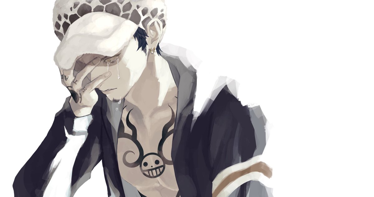 1boy bad_id bad_twitter_id black_hair chest_tattoo crying crying_with_eyes_open earrings facial_hair goatee hand_on_own_face hand_tattoo hat hood hooded_coat jewelry long_sleeves male_focus one_piece oppaipai sideburns solo tattoo tears trafalgar_law upper_body white_background yellow_eyes