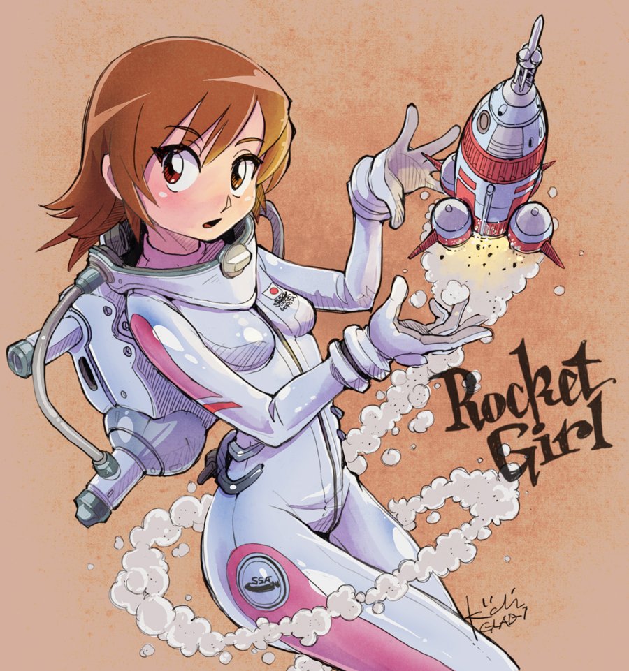 1girl bodysuit brown_background brown_eyes brown_hair japanese_flag kiichi open_mouth rocket rocket_girls short_hair signature solo white_bodysuit