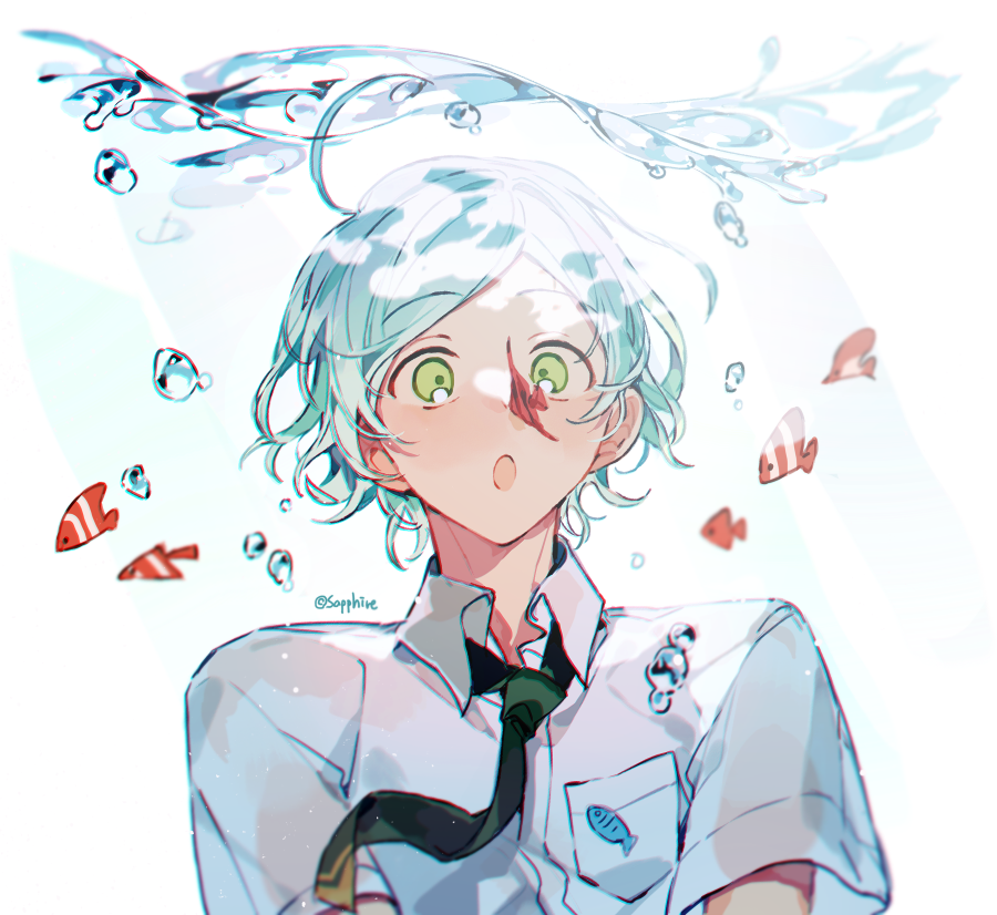 1boy air_bubble blue_hair bubble collared_shirt ensemble_stars! green_eyes green_necktie male_focus necktie open_mouth sapphire_(nine) shinkai_kanata shirt short_hair short_sleeves simple_background solo tropical_fish underwater upper_body white_background white_shirt