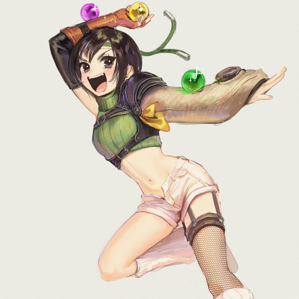 1girl :d arm_up armor black_eyes black_hair blush brown_gloves commentary_request crop_top final_fantasy final_fantasy_vii final_fantasy_vii_remake fingerless_gloves gloves green_headband green_sweater grey_background headband looking_at_viewer materia midriff open_fly open_mouth oshiri_(o4ritarou) outstretched_arm pauldrons ribbed_sweater ribbon short_hair shorts shoulder_armor single_glove single_pauldron single_sleeve single_thighhigh smile solo sweater thighhighs turtleneck v-shaped_eyebrows white_shorts yellow_ribbon yuffie_kisaragi