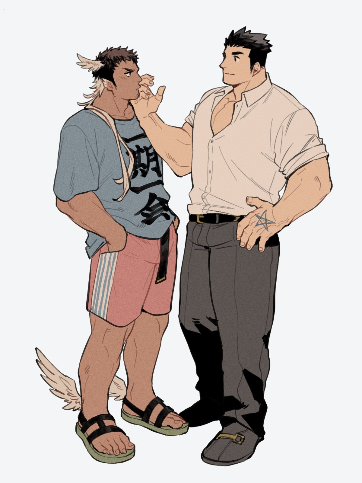 2boys bara belt black_pants blue_shirt brown_hair couple dark-skinned_male dark_skin facial_hair full_body goatee_stubble hand_on_own_hip hands_in_pockets hands_on_another's_cheeks hands_on_another's_face head_wings hermes_(housamo) highres light_blush looking_at_another male_focus multicolored_hair multiple_boys muscular muscular_male pants pectoral_cleavage pectorals pink_shorts protagonist_3_(housamo) shirt shorts sideburns simple_background stubble tokyo_afterschool_summoners two-tone_hair wanijima white_background white_hair white_shirt winged_footwear wings yaoi