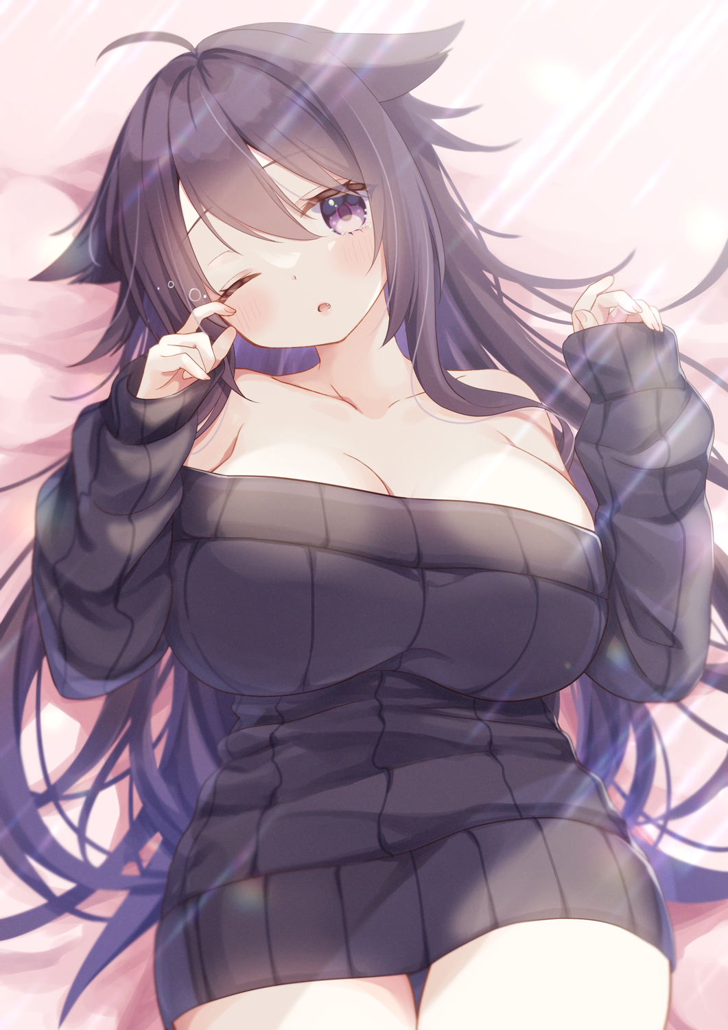 1girl ahoge bare_shoulders bed_sheet black_dress black_hair black_sweater breasts cleavage collarbone cowboy_shot dress fang from_above gomano_rio hair_between_eyes hair_flaps hair_spread_out hands_up head_tilt highres large_breasts light_blush light_rays long_hair long_sleeves looking_at_viewer lying off-shoulder_dress off_shoulder on_back one_eye_closed original parted_lips purple_eyes ribbed_dress ribbed_sweater rubbing_eyes sleepy sleeves_past_wrists solo sunlight sweater sweater_dress