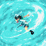 1girl aqua_background black_hair commentary_request full_body green_sailor_collar hishaku kenpfar looking_at_viewer lowres murasa_minamitsu pixel_art sailor sailor_collar short_hair shorts solo touhou white_hat white_shorts