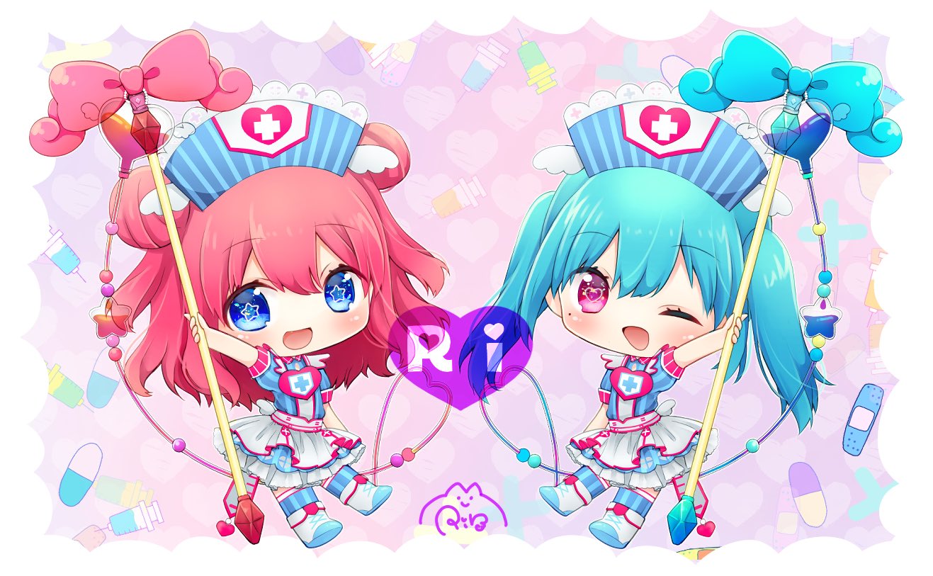 2girls :d ;d arm_up blue_bow blue_dress blue_eyes blue_footwear blue_hair boots bow chibi commentary_request cross double_bun dress full_body hair_bun hat heart heart_in_eye holding intravenous_drip kiratto_pri_chan knee_boots long_hair looking_at_viewer multiple_girls nurse nurse_cap one_eye_closed open_mouth pill pink_bow pink_eyes pink_hair player_character_(kiratto_pri_chan) pretty_series puffy_short_sleeves puffy_sleeves rin_(ikura_meshi) short_sleeves signature smile standing star_(symbol) star_in_eye symbol_in_eye syringe twintails