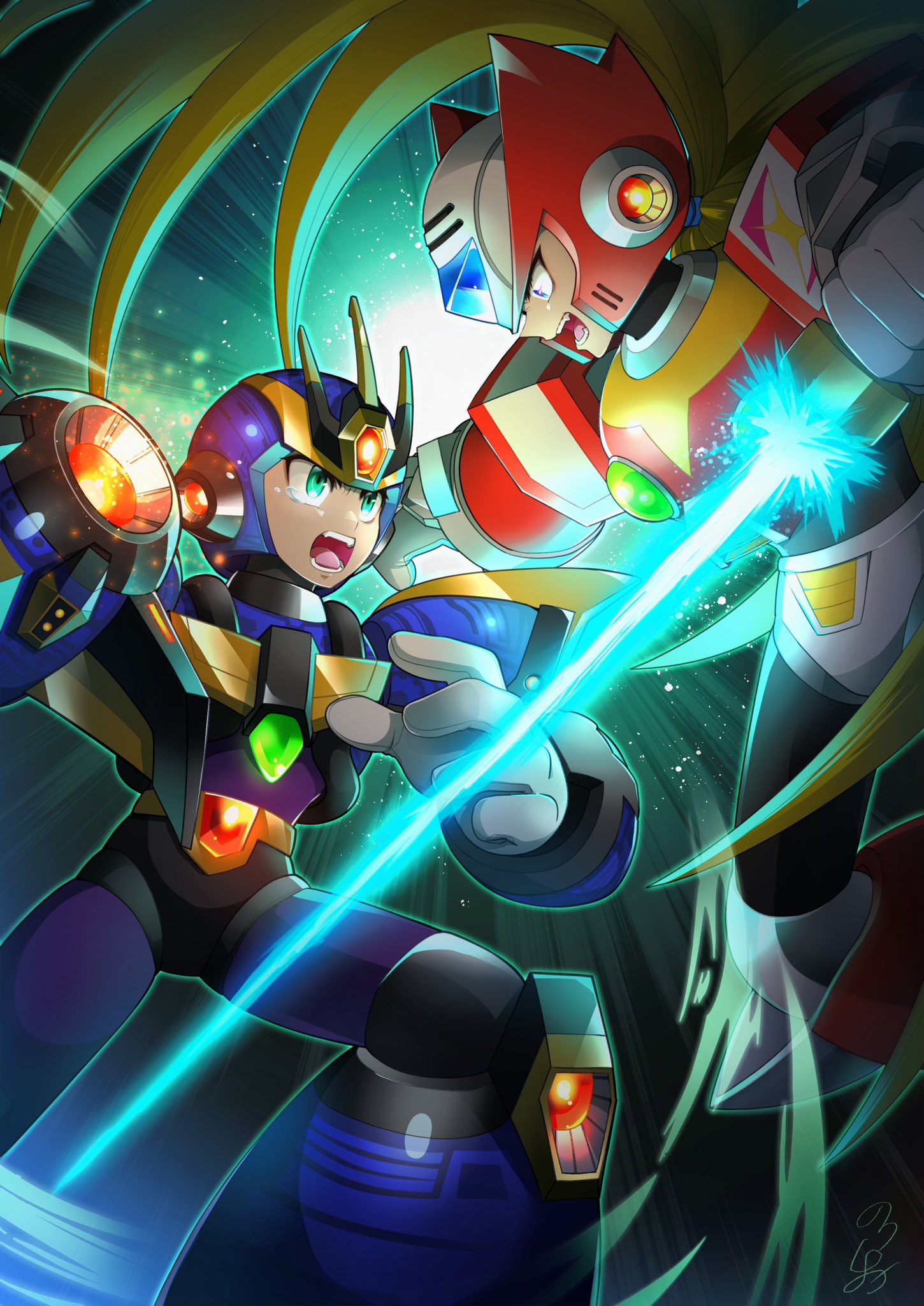 2boys android arm_cannon armor battle blonde_hair blue_armor blue_eyes blue_footwear blue_helmet boots energy_gun energy_sword green_eyes helmet highres long_hair male_focus mega_man_(series) mega_man_x_(series) multiple_boys no-rishio powering_up red_armor red_footwear red_helmet shoulder_armor sword tears ultimate_armor_x_(mega_man) weapon x_(mega_man) x_buster z_saber zero_(mega_man)