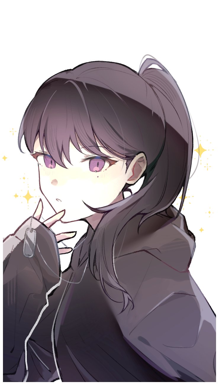 1girl ama_(ama83221655) bang_dream! bang_dream!_it's_mygo!!!!! black_hair black_hoodie border commentary dog_tags hair_between_eyes hashtag-only_commentary highres hood hood_down hoodie long_hair long_sleeves looking_at_viewer mole mole_under_eye official_alternate_hairstyle parted_lips ponytail purple_eyes shiina_taki simple_background sleeves_past_wrists solo sparkle white_background white_border