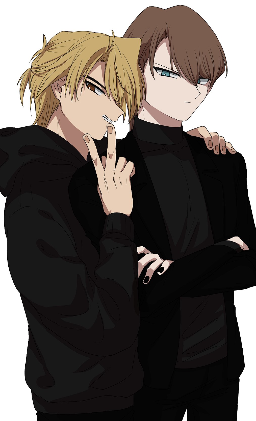 2boys arm_around_shoulder black_hoodie black_jacket black_nails blonde_hair blue_eyes brown_eyes brown_hair closed_mouth crossed_arms from_side grin hair_between_eyes highres hood hoodie jacket jonouchi_katsuya kaiba_seto long_sleeves looking_at_viewer male_focus multiple_boys nail_polish narrowed_eyes open_clothes open_jacket saito0614 shirt short_hair smile sweater topknot turtleneck turtleneck_sweater upper_body v white_background yu-gi-oh! yu-gi-oh!_duel_monsters