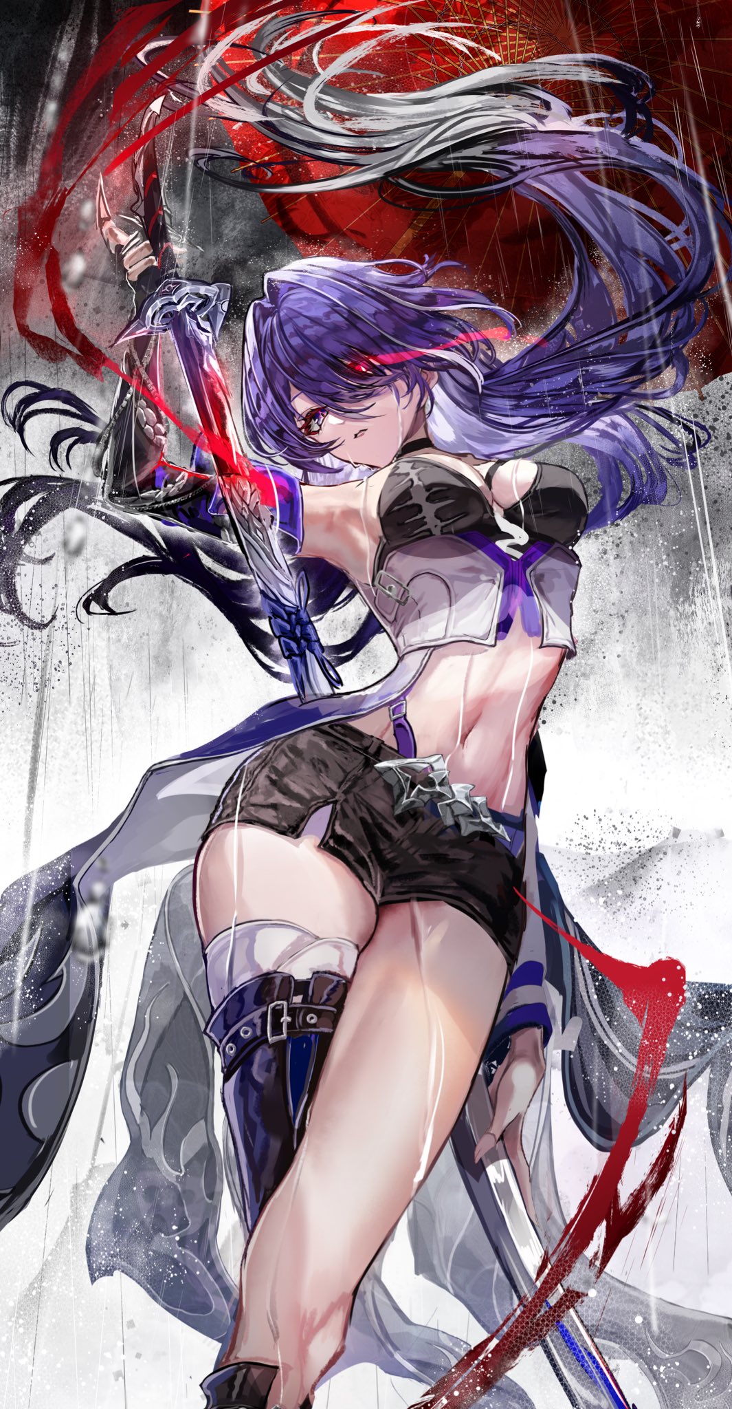 1girl acheron_(honkai:_star_rail) armpits asymmetrical_legwear bandaged_leg bandages belt black_belt black_choker black_footwear black_gloves black_shorts boots breasts chiachun0621 choker cleavage coat coattails cowboy_shot detached_sleeves eyes_visible_through_hair gloves glowing glowing_eye glowing_weapon hair_over_one_eye highres holding holding_sheath holding_sword holding_weapon honkai:_star_rail honkai_(series) katana large_breasts long_hair looking_at_viewer midriff multicolored_hair navel oil-paper_umbrella purple_eyes purple_hair rain scabbard sheath short_shorts shorts single_glove single_thigh_boot solo standing stomach sword thigh_boots thighs umbrella weapon wet white_coat white_hair