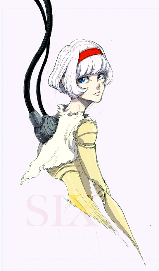 android bad_id bad_pixiv_id blue_eyes bob_cut cable cis_(tiger_&amp;_bunny) damaged dress hairband short_hair simple_background sketch solo tiger_&amp;_bunny white_background white_hair zakk