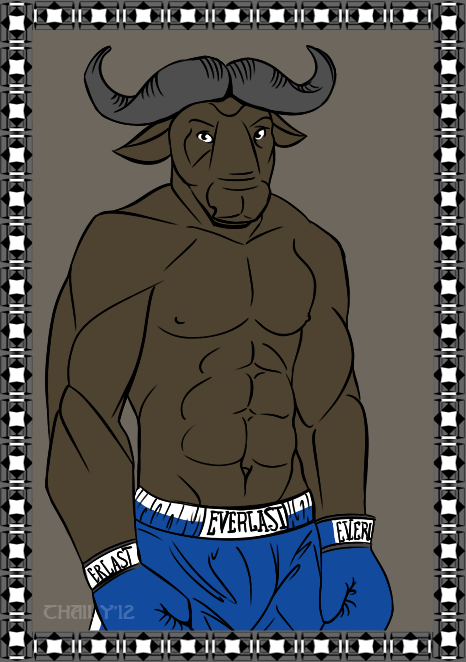 at avoid_posting bovine boxer boxing buffalo bulge bull clothed clothing fighter gloves horn invalid_background looking male muscles nipples plain solo standing thaily viewer water_buffalo