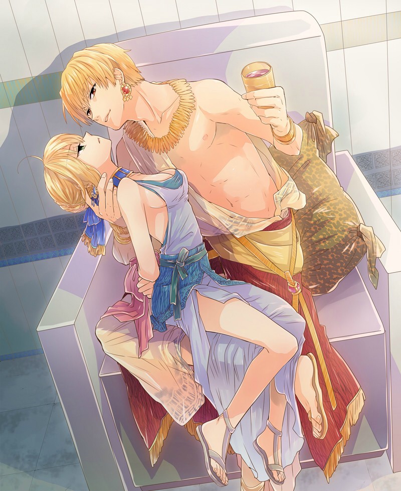 1girl ahoge alcohol alternate_costume artoria_pendragon_(all) bare_shoulders bdsm blonde_hair bondage bound bound_wrists bracelet breasts cleavage cup dress drinking_glass duplicate earrings fate/stay_night fate_(series) gilgamesh green_eyes hetero irono_(irtyu) jewelry medium_breasts necklace open_mouth pendant pillow red_eyes saber sandals shirtless short_hair sideboob sitting throne tied_up wine wine_glass