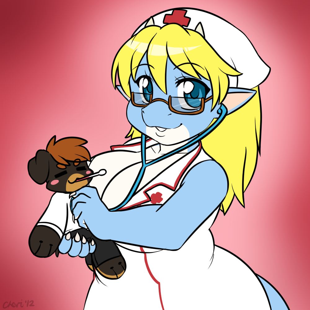 blonde_hair blue_eyes blush breasts chevi cleavage eyewear glasses hair kingofkof mamaramz miles miles_(kingofkof) nurse plushie ramzryu sick teachers_pet thermometer