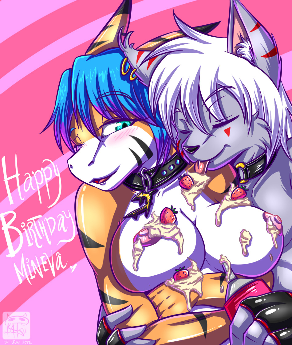 birthday breasts collar collars cream duo feline female fish food_play gloves katsuke katsuke_(character) licking male mammal marine mineva nipples nude shark strawberry tongue