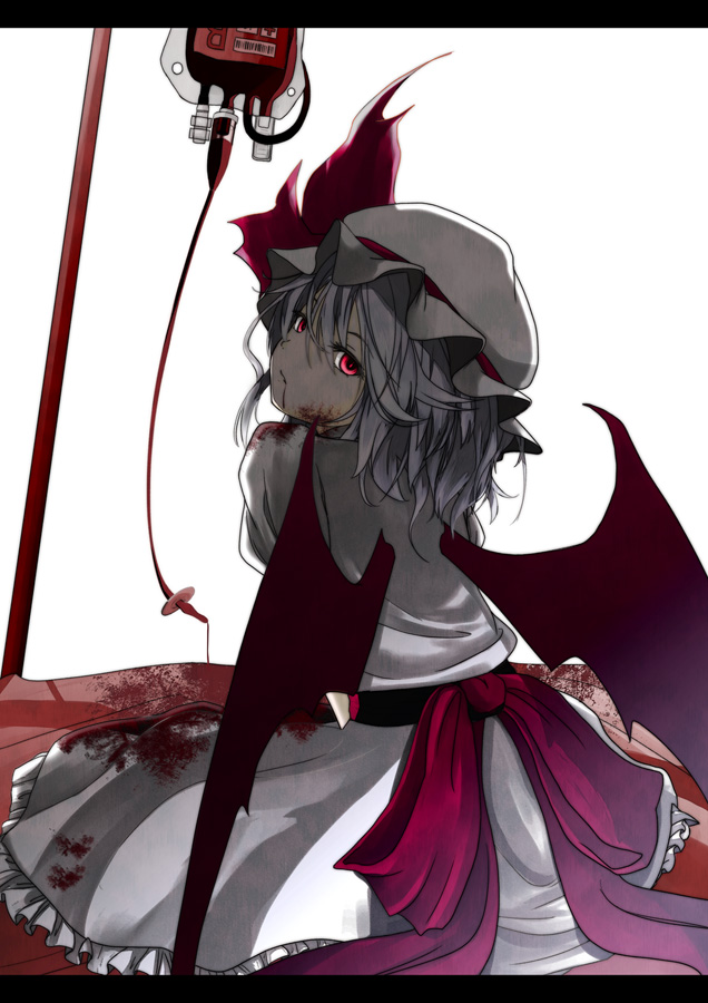 bat_wings blood blood_bag blood_on_face bloody_clothes bonnet glowing glowing_eyes hat hat_ribbon intravenous_drip lavender_hair letterboxed pacifier red_eyes remilia_scarlet ribbon shiina_shian short_hair simple_background sitting skirt skirt_set solo touhou vampire wings